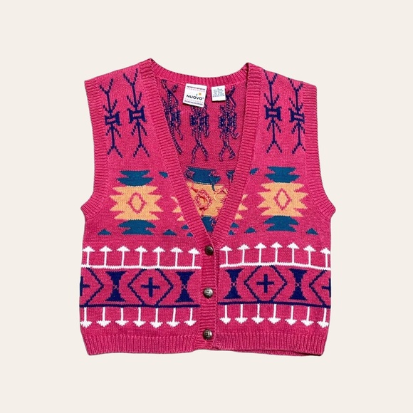 Vintage 80s Aztec Cardigan Sweater Vest - Picture 1 of 3